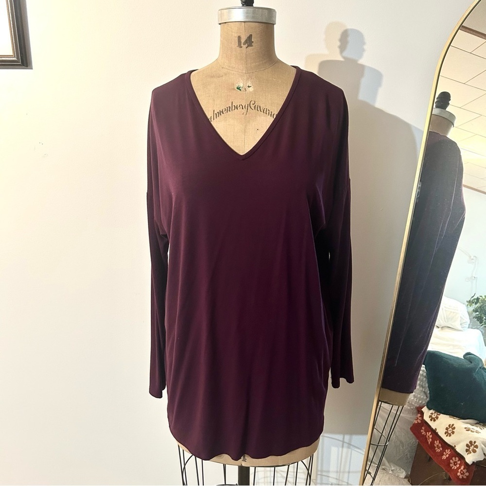 Eileen Fisher Deep Burgundy V-Neck Long Sleeve Tunic Top /Mini Dress Sz L